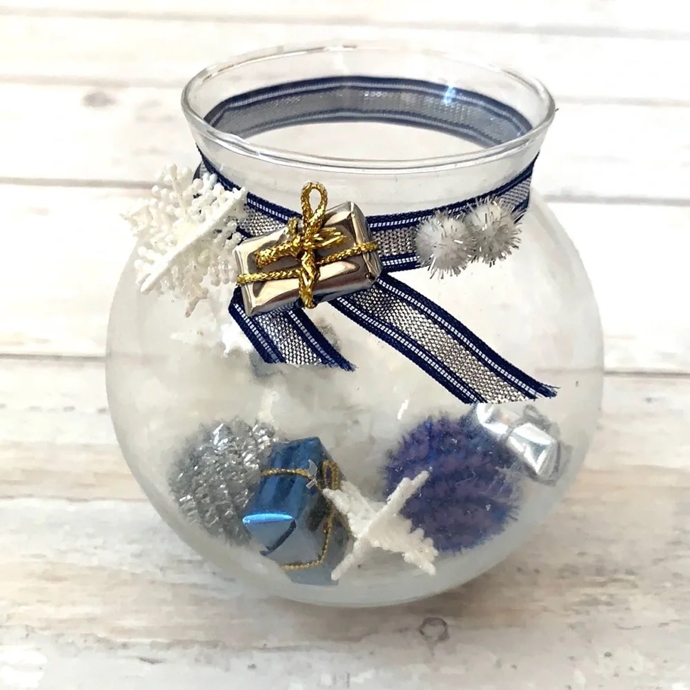 Winter Holidays Glass Candle Holder Home Decor Blue Miniatures Presents